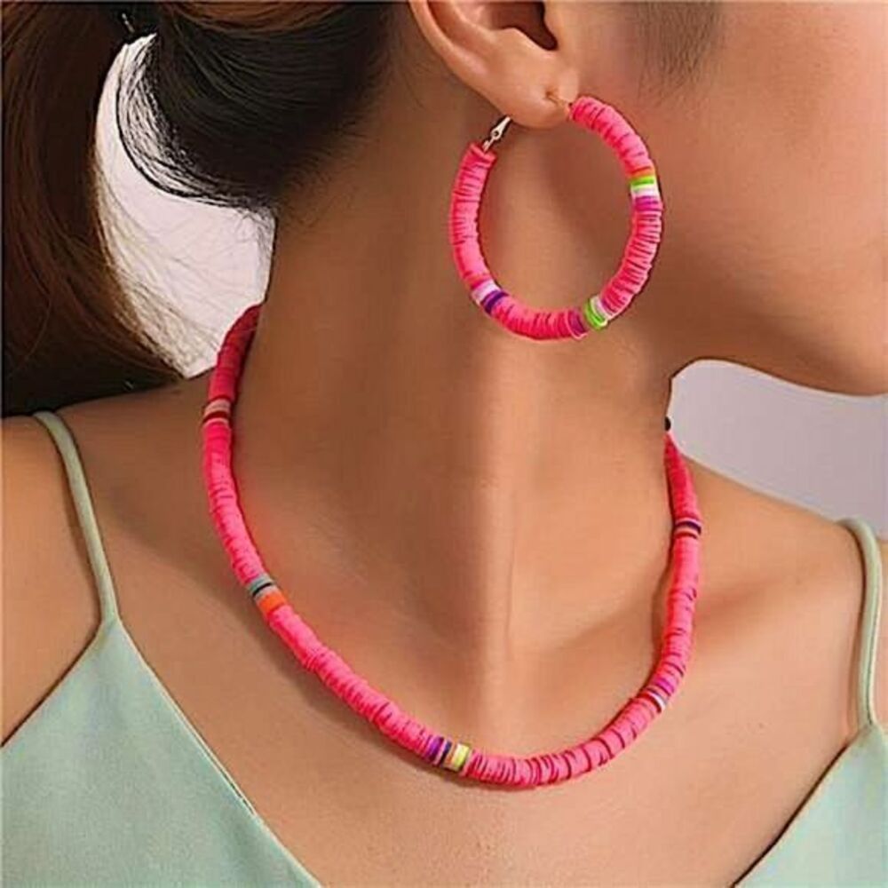 Women's Fashion Jewelry Pink Polymer Clay Necklace and Earrings Set